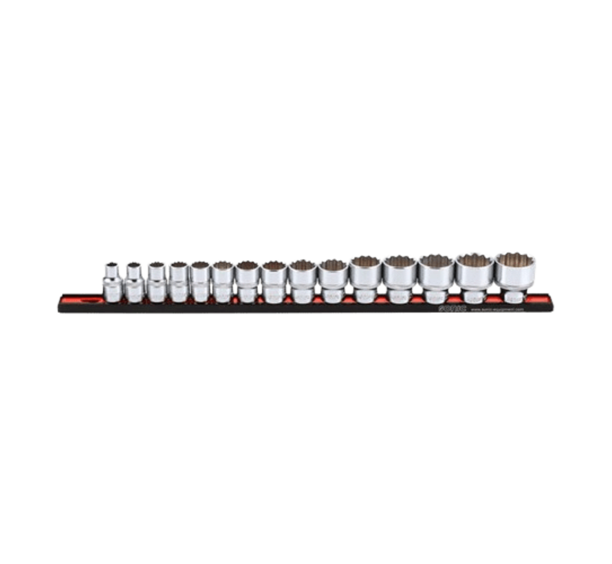 The socket set 1/2 inch on rail is a 15-piece US_SAE tool that offers a range of key features and benefits. It includes a variety of socket sizes on a convenient rail, making it easy to organize and access the tools. The set is designed for use with 1/2 i