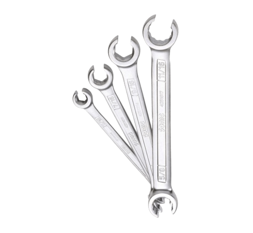Sonic Tools The flare nut wrench set is a 4-piece tool kit that includes US_SAE sizes. Its key features include a specialized design with a flared opening, allowing for easy gripping and loosening of nuts in tight spaces. The set offers versatility and convenience fo