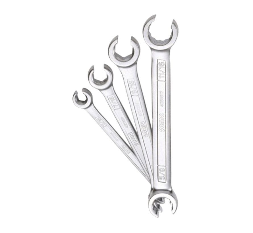 The flare nut wrench set is a 4-piece tool kit that includes US_SAE sizes. Its key features include a specialized design with a flared opening, allowing for easy gripping and loosening of nuts in tight spaces. The set offers versatility and convenience fo