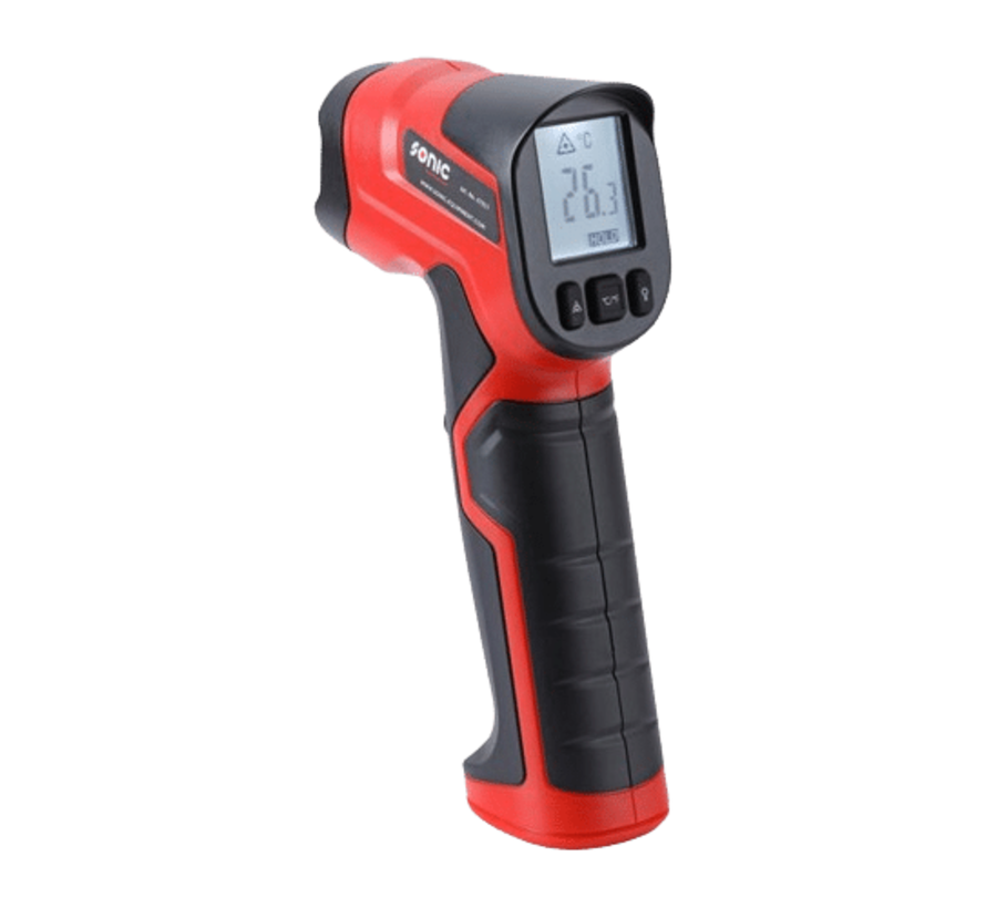 The infrared thermometer is a non-contact device used to measure temperature accurately and quickly. Its key features include a laser pointer for precise targeting, a backlit display for easy reading, and a wide temperature range. The thermometer offers b