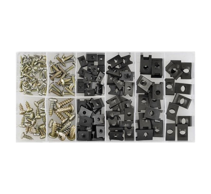 The body bolts and speed nuts assortment is a 170-piece product that offers a range of essential fasteners for various applications. Its key features include a diverse selection of bolts and nuts, ensuring compatibility with different body parts and compo