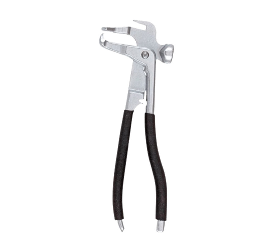 The adhesive wheel weights plier tool is a 10-inch tool designed for attaching wheel weights to tires. Its key features include a sturdy construction, comfortable grip, and a precise cutting edge. The tool offers benefits such as easy and efficient instal