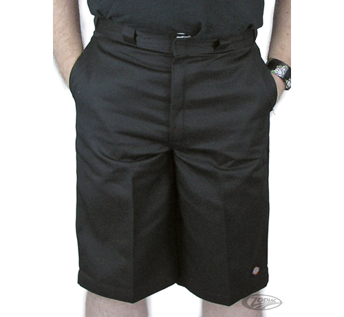 Dickies Genuine Dickies brand work shorts with a relaxed baggy fit. Has a flat front and multi-use side pocket. Permanent crease, never needs ironing. Scotchgard stain release finish. Dickies logo label on the left front leg and on the multi-use side pocket, as w