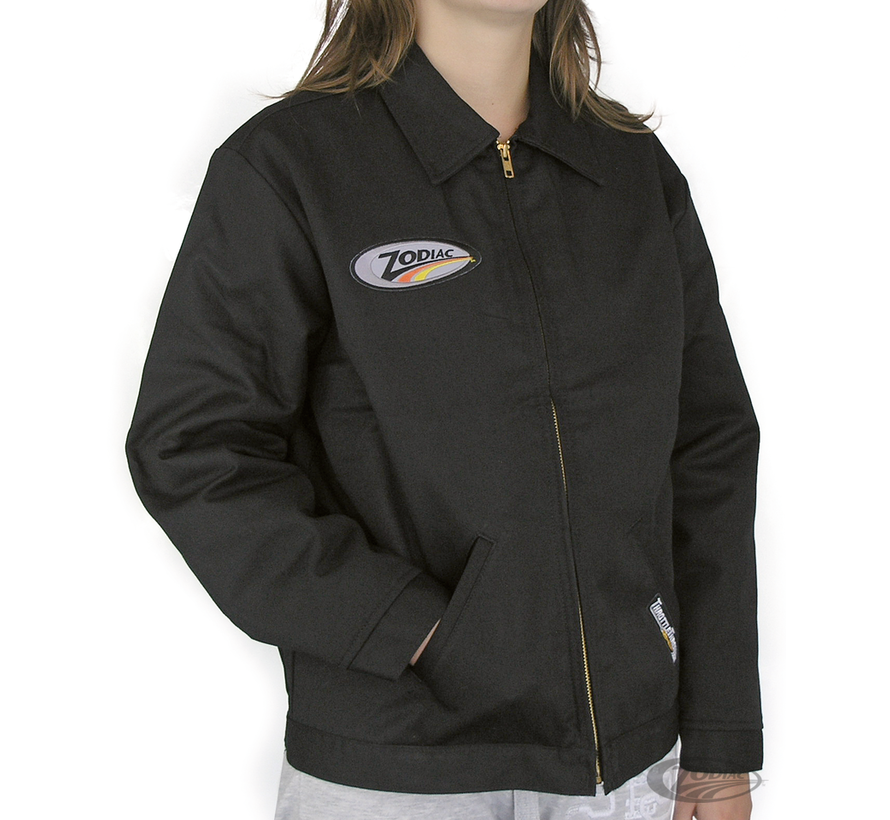 We don't forget junior with this Genuine Dickies brand jacket. Kid sizes for a perfect fit. Features Zodiac logo, slash front pockets, pencil pocket on left sleeve, heavy-duty brass zipper front closure and adjustable tabs at waistband. In black, what els