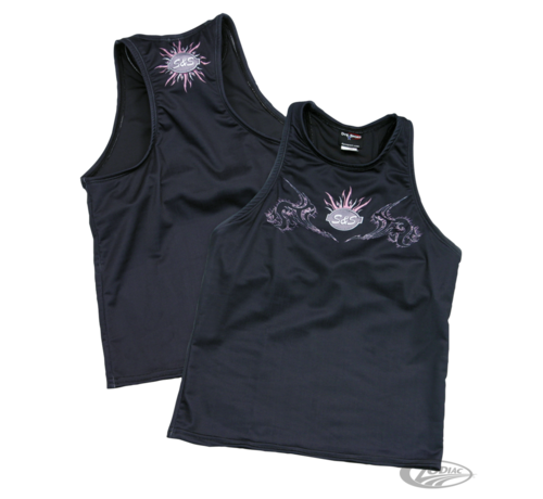 S&amp;S Cycle This Tank top is made of high tech moisture wick material. Premium &quot;T&quot; back top has a attractive tribal design and a built in support bra. The material is a comfortable lycra blend. Available in black.