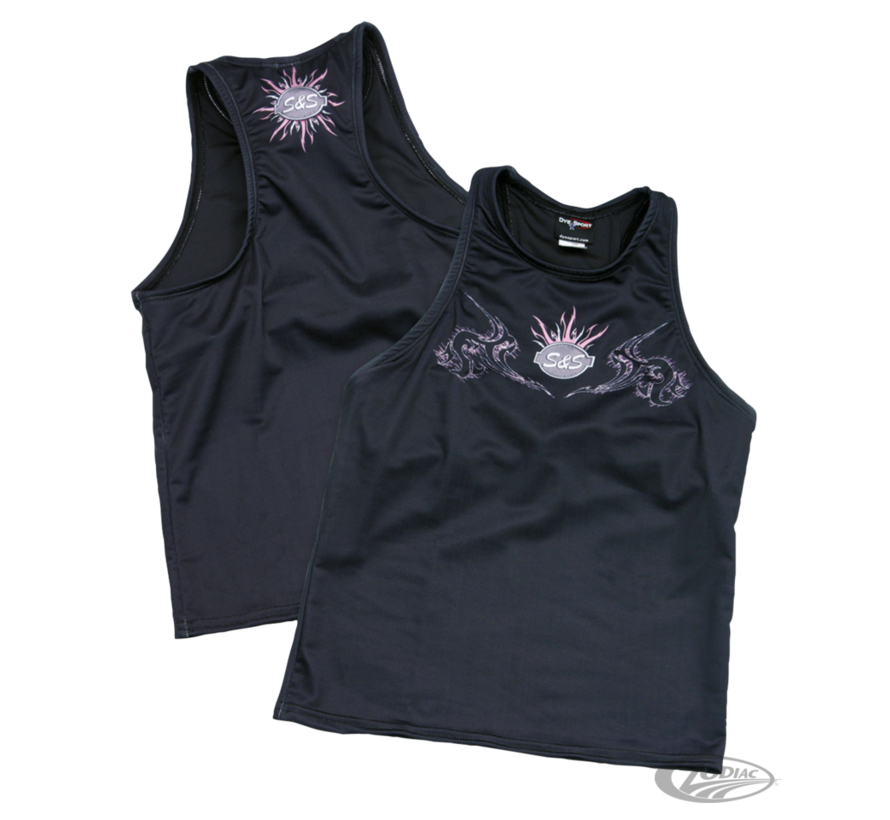 This Tank top is made of high tech moisture wick material. Premium &quot;T&quot; back top has a attractive tribal design and a built in support bra. The material is a comfortable lycra blend. Available in black.