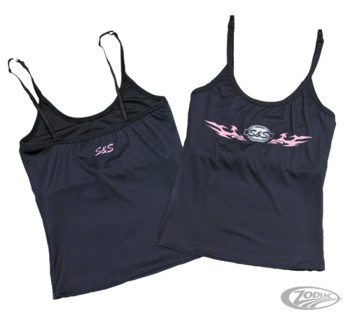 S&amp;S Cycle This top is made of high tech moisture wick, Lycra blend material. It is a premium spaghetti strap top with built-in bra and has an attractive tribal design. Available in black only.