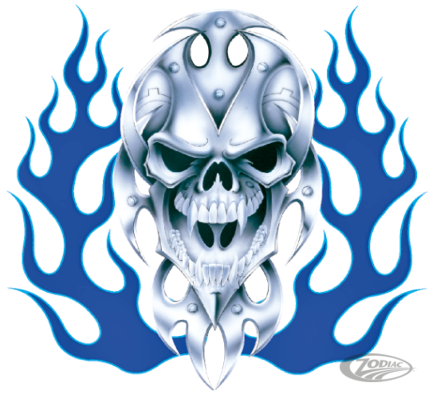 LETHAL THREAT "BIKE TATTOOS" DESIGNS AND TANK DECALS, BIO SKULL BLUE FLAME 11,5"X11,75"
