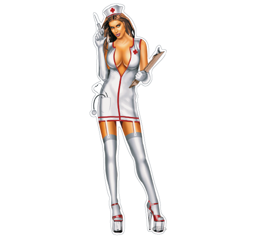 LETHAL THREAT "BIKE TATTOOS" DESIGNS AND TANK DECALS, Naughty Nurse babe decal 2.75"x8.22"