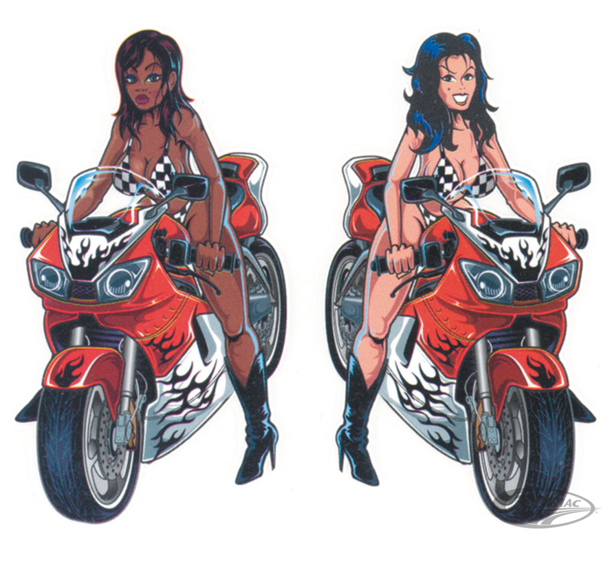 LETHAL THREAT "BIKE TATTOOS" DESIGNS AND TANK DECALS, Sport bike girls 2.125"x3.875" decal