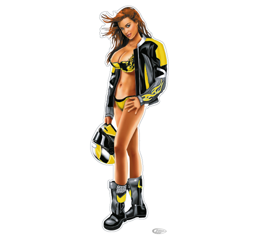 LETHAL THREAT "BIKE TATTOOS" DESIGNS AND TANK DECALS, Helmet babe yellow decal 2.8"x8"