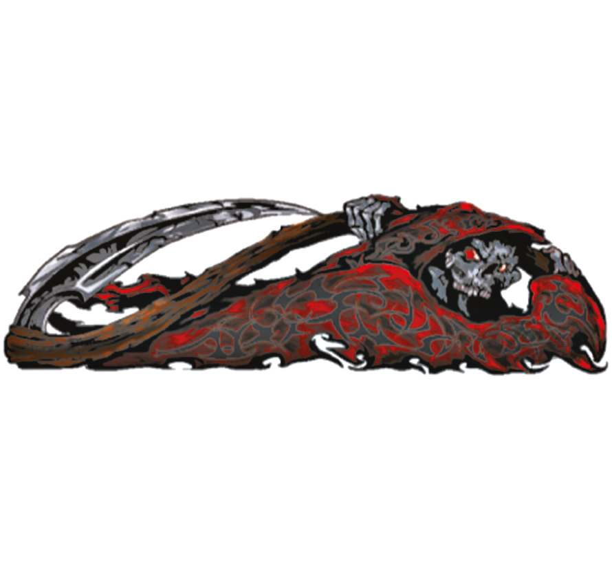 LETHAL THREAT "BIKE TATTOOS" DESIGNS AND TANK DECALS, RED TRIBAL REAPER RIGHT 3"X10"