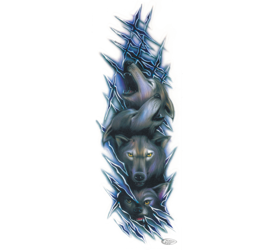 LETHAL THREAT "BIKE TATTOOS" DESIGNS AND TANK DECALS, Wolf pack decal 2.75"x8.1"