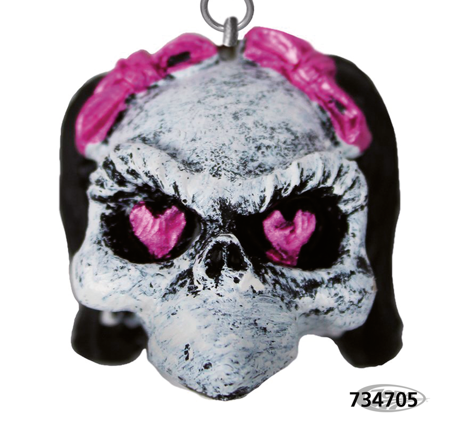 <p>Highly detailed three dimensional skulls with chain and key ring made of poly resin material and individually hand painted and sealed with a clear varnish. Skulls measure approx. 1&nbsp;3/4"x1&nbsp;1/4" (4.5x3.2&nbsp;cm).</p>