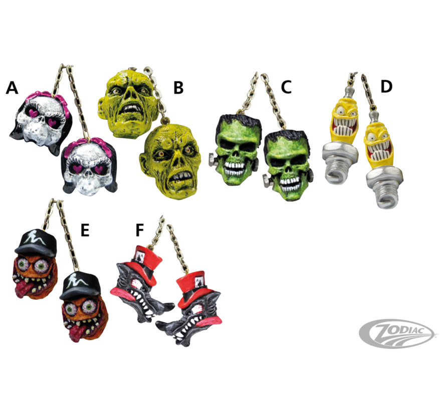 <p>Originally designed as car mirror danglers these pairs of highly detailed three dimensional skulls are connected to each other with an 8" (20&nbsp;cm) chain. Skulls are made of poly resin material and individually hand painted and sealed with a clear v