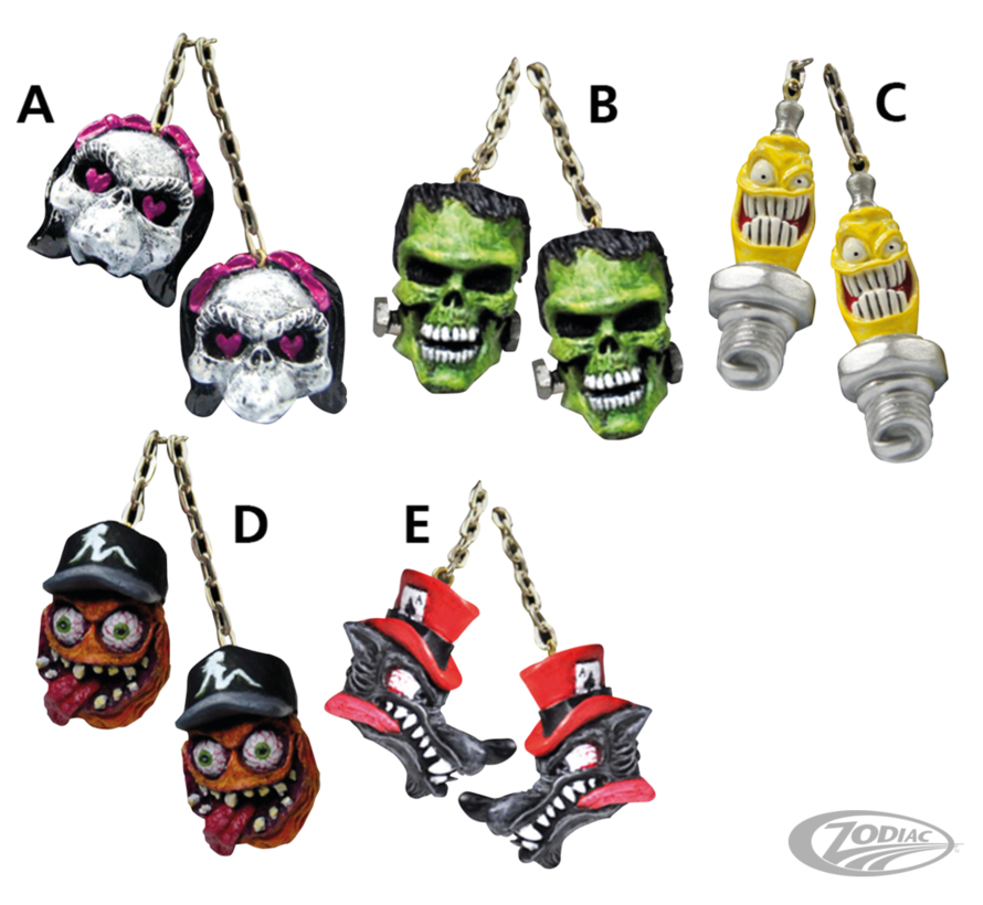 <p>Originally designed as car mirror danglers these pairs of highly detailed three dimensional skulls are connected to each other with an 8" (20&nbsp;cm) chain. Skulls are made of poly resin material and individually hand painted and sealed with a clear v