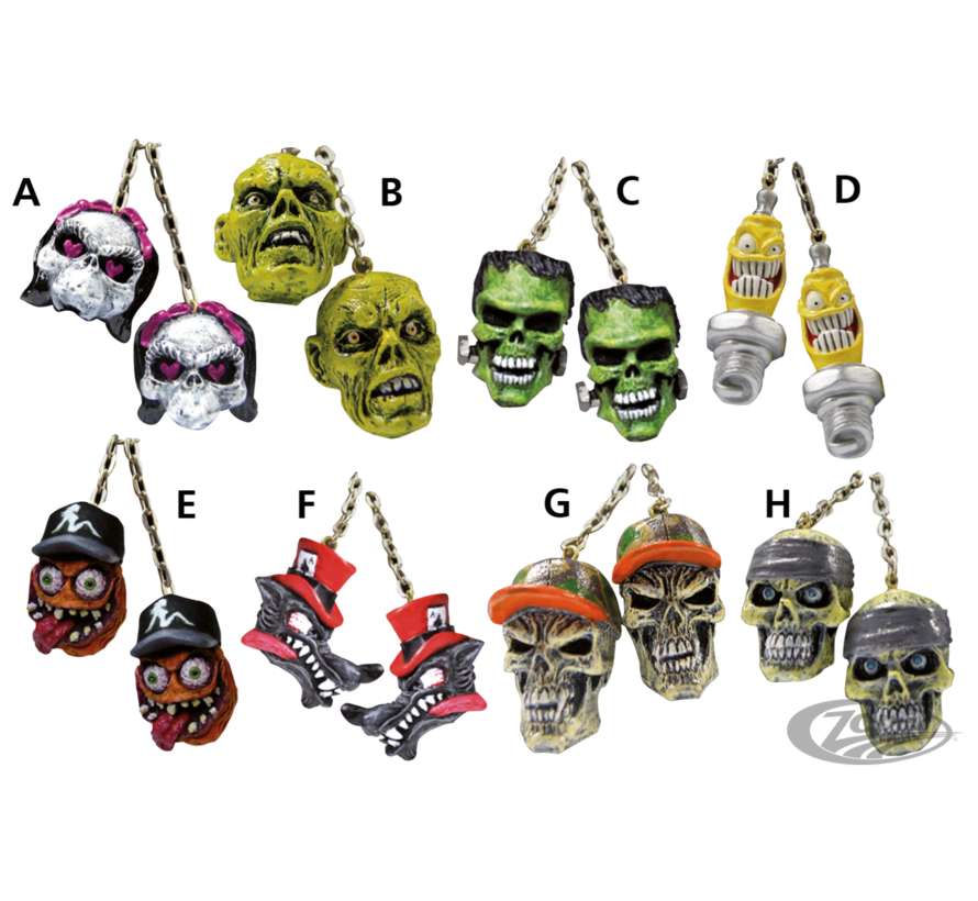 <p>Originally designed as car mirror danglers these pairs of highly detailed three dimensional skulls are connected to each other with an 8" (20&nbsp;cm) chain. Skulls are made of poly resin material and individually hand painted and sealed with a clear v