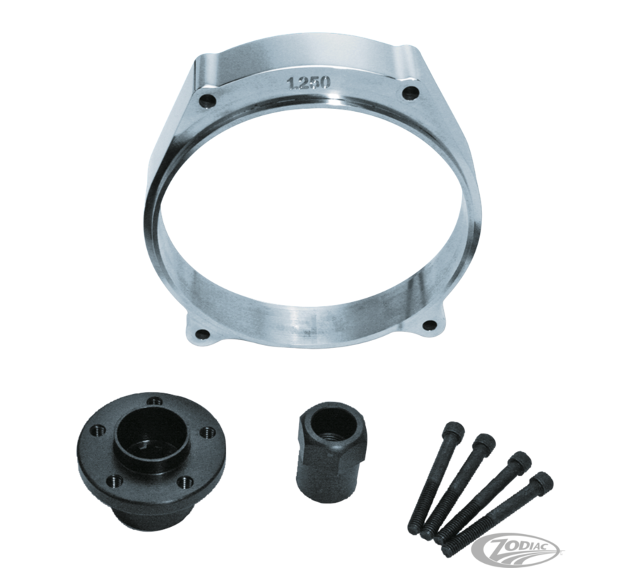 Include a billet aluminum front primary spacer, front pulley insert, crankshaft nut and 4 matching length mounting screws.