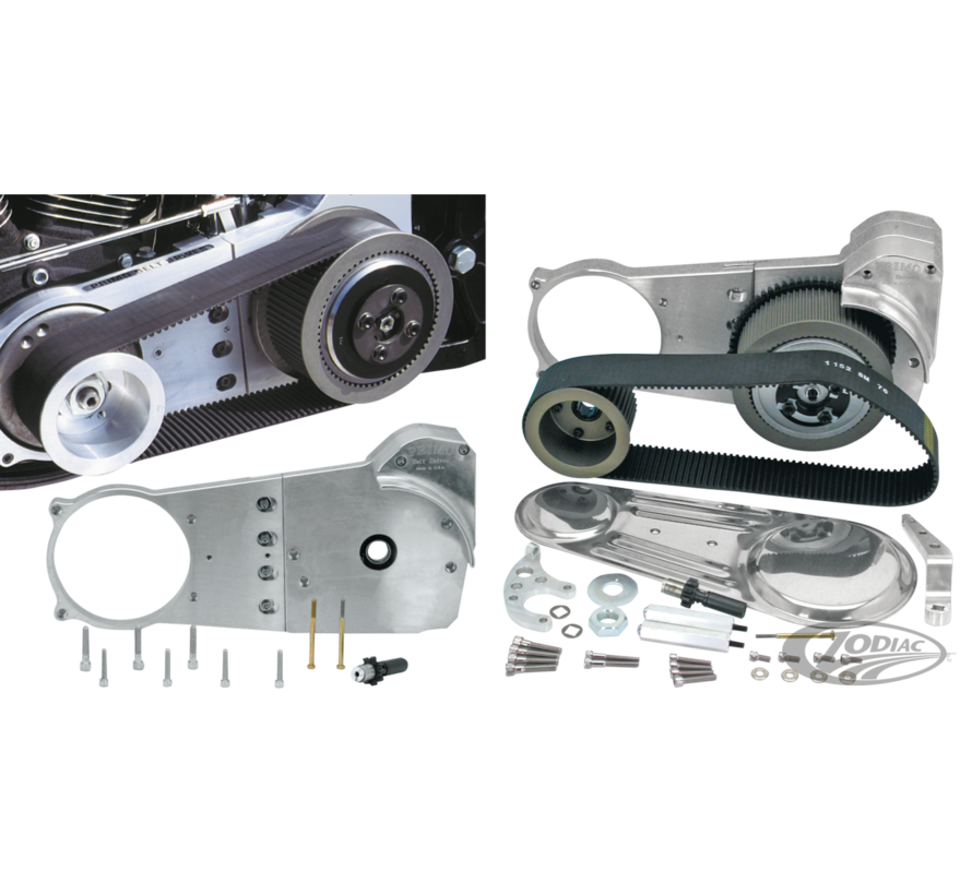 <p>These belt drive kits out-class any other make in machining, fitment, reliability, finish and performance. Primo belt drive kits contain front pulley, rear pulley, 2" or 3" wide belt and the new style diaphragm spring operated Pro Clutch for smooth and