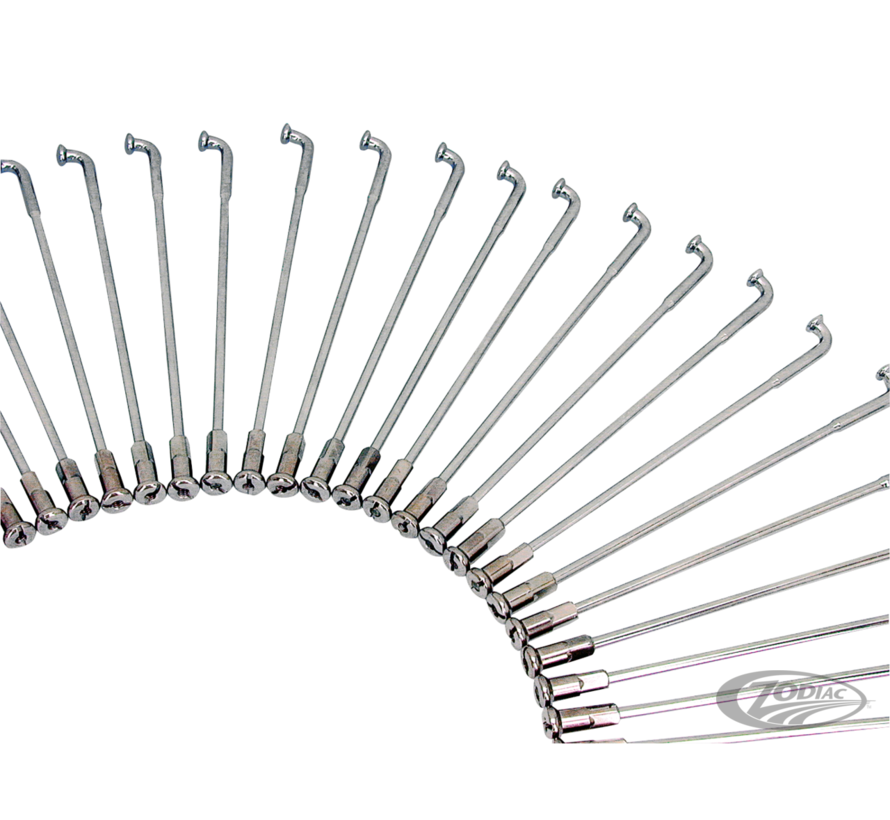 Zodiac offers the wheel builder a complete selection of top quality spokes in both polished Stainless Steel and Chrome plated carbon-steel sets. Combining outstanding strength with light weight and flexibility, the selection of spokes covers virtually eve