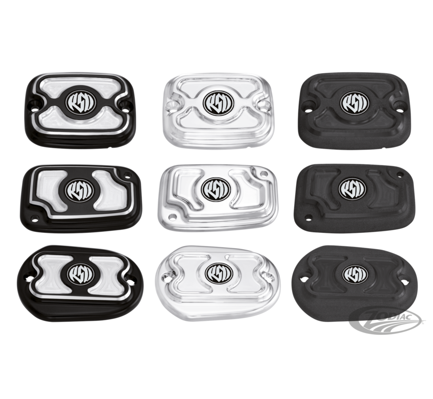 <p>Add some style to your stock hand controls with RSD's stock replacement master cylinder caps. Billet aluminum with a chrome, black Contrast Cut or RSD's propriety two-tone Black OPS and Machine OPS finishes. All covers come with one black and one brass