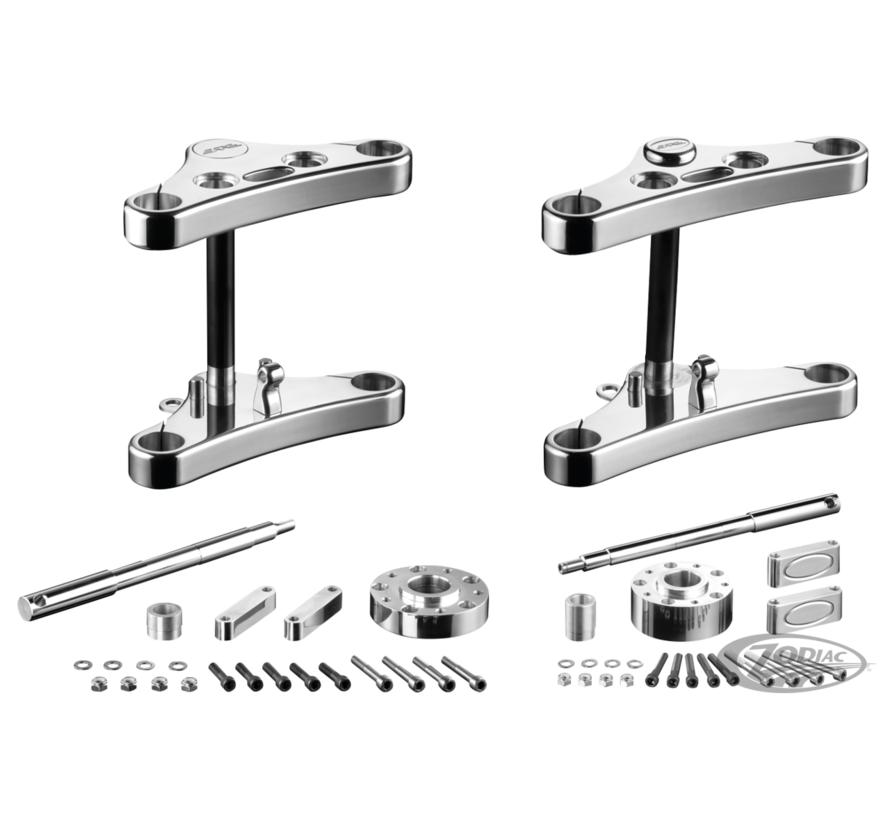 <p>Rebuffini Leda triple trees are 34mm thick solid billet aluminum with smooth fluent looks. They are available for all XL, FXR and Dyna with 39mm fork tubes from 1988 to present. They come in 0 or 4 degrees raked and as Mid Glide with 222mm fork tube pi