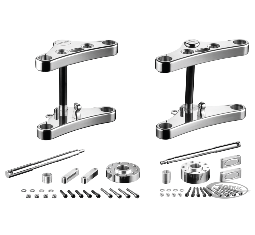 <p>Rebuffini Leda triple trees are 34mm thick solid billet aluminum with smooth fluent looks. They are available for all XL, FXR and Dyna with 39mm fork tubes from 1988 to present. They come in 0 or 4 degrees raked and as Mid Glide with 222mm fork tube pi