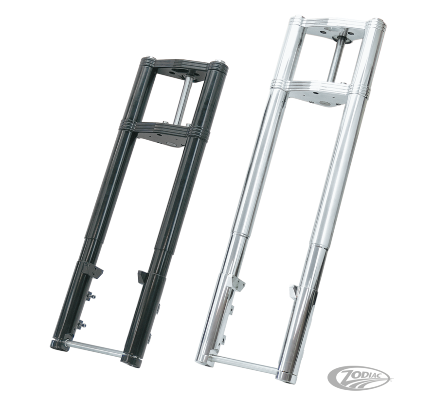 <p>These "Made in Europe" Billet Aluminum Forks are something else. They feature massive Triple Tree clamps, large diameter bottom sliders and covers, fully covered fork tubes, and Hidden Axle mount.This Zodiac exclusive Billet aluminum front fork is un-c