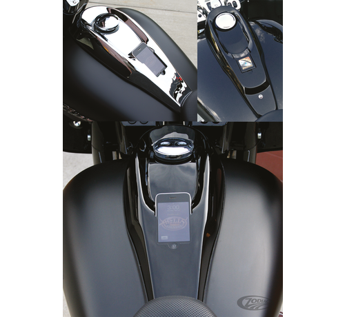 Hells Foundry Hell's Foundry's DashLink integrates a complete docking station for iPhone and iPod Touch into a custom replacement fuel tank console for your Harley. Unlike a conventional handlebar mount, the DashLink hides all electronics and makes them permanent. No w