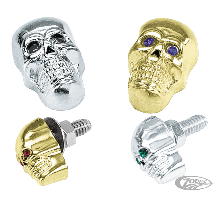This is where the &quot;Skull-Mania&quot; starts. Detailed, three dimensional studded Skulls with colored eyes, complete with washers and nut. Usable for license plate mounting, on your leather accessories or just as another decorative item on your bike.