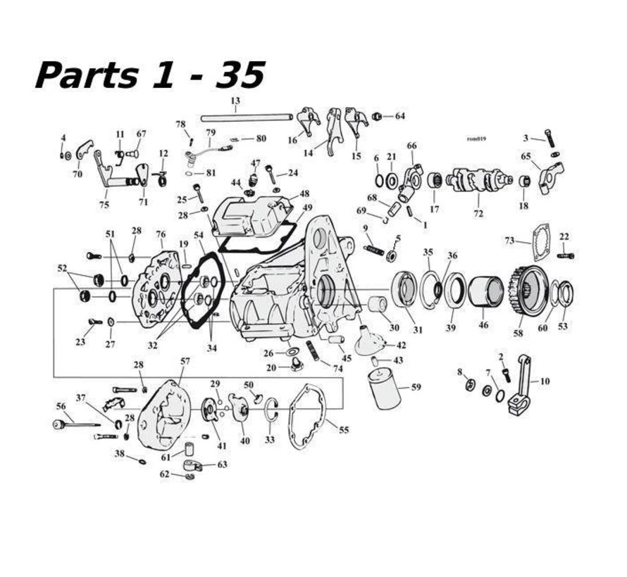 transmissie 5 speed onderdelen 80-06 Shovelhead / Evo & Twincam Big Twin nr 1-35