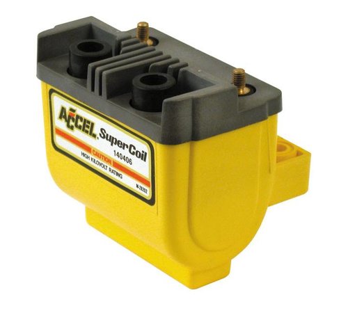 Accel Super bobina Negro/Amarillo/Cromo 12V / 4 7 ohm Compatible con: > 65-99 BT con puntos de encendido