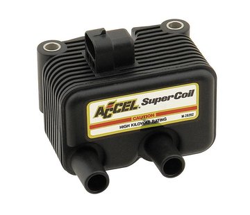 Accel dual fire Super Coil. 12V / 0.5 Ohm Fits: > 00-06 Softail; 99-05 Dyna; 02-06 FLT; 04-06 XL