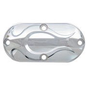 Wyatt Gatling primary Chrome inspection cover plate with Chrome flame design Fits: > 86-06 5-Speed Bigtwin