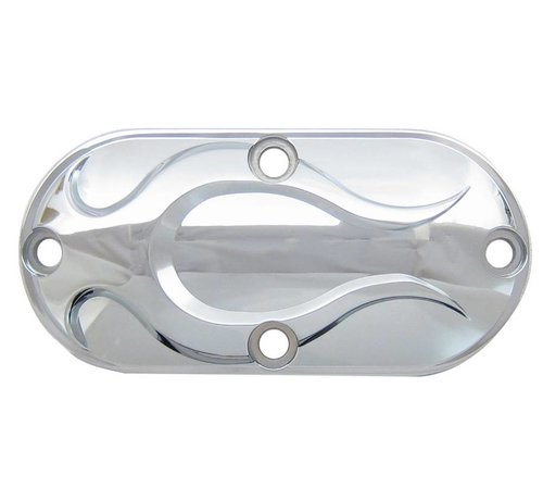 Wyatt Gatling primary Chrome inspection cover plate with Chrome flame design Fits: > 86-06 5-Speed Bigtwin