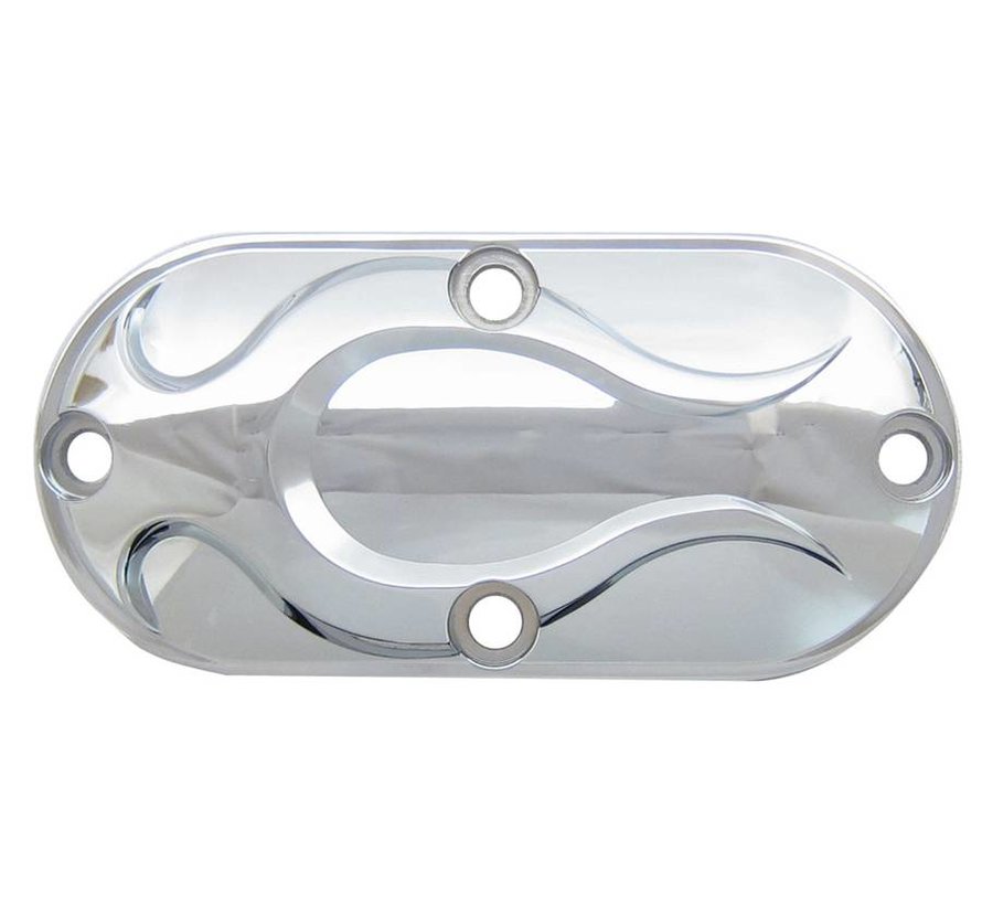 primary Chrome inspection cover plate with Chrome flame design Fits: > 86-06 5-Speed Bigtwin