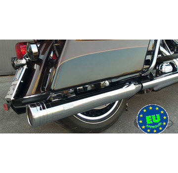 MCJ exhaust Edition 120 Slip-Ons (4.724 inch = 120mm diameter) with Stripe end caps Chrome Fits:> 1995 - 2016 Touring FLH/FLT