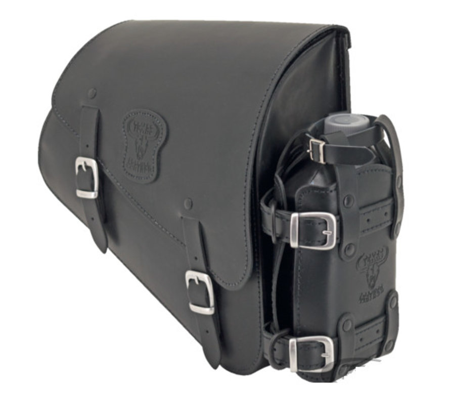 bags Black leather bag with matte buckles mounting hardware and oil can holder