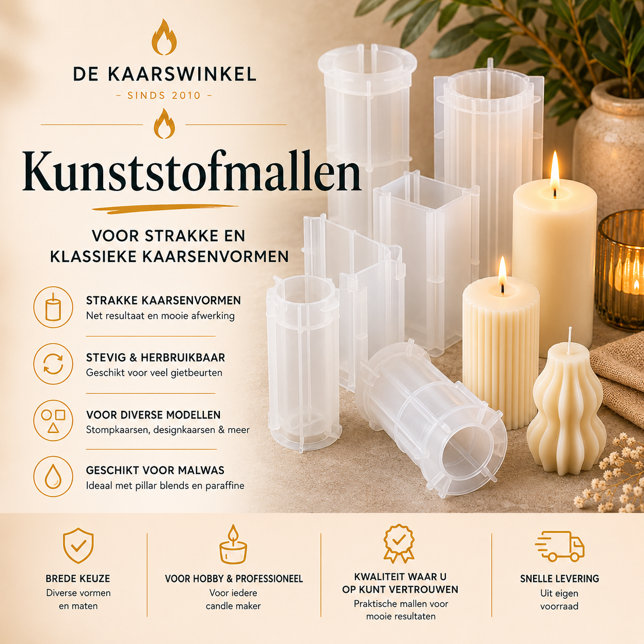 Kunststof kaarsenmallen voor strakke stompkaarsen en designkaarsen