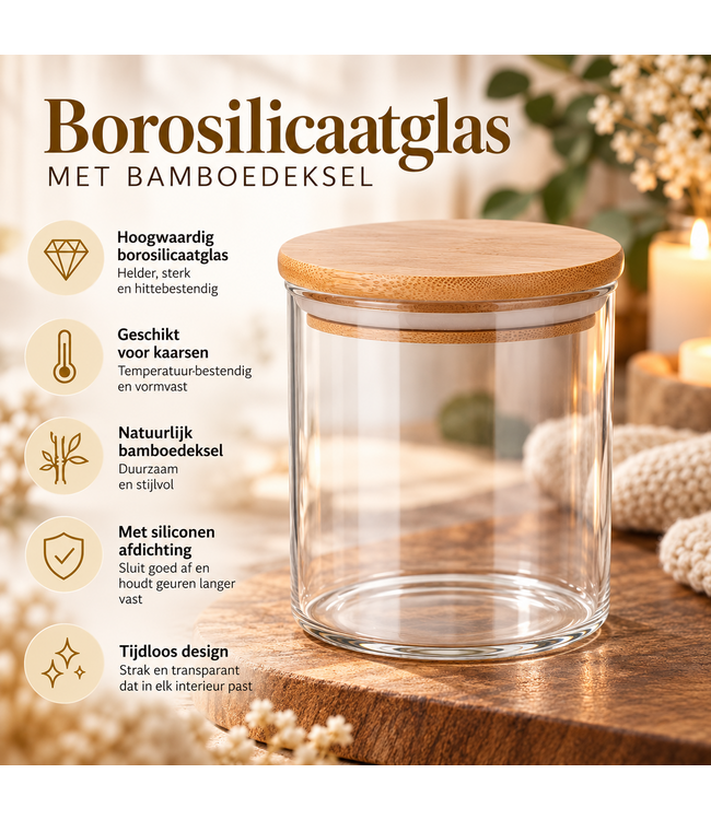 Kaarsenglas 250 ml met Deksel – Transparant Borosilicaatglas voor Zelf Kaarsen Maken