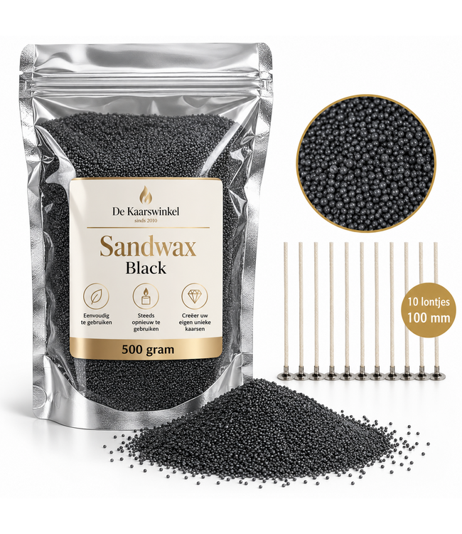 Sandwax Black 500 gram – Natuurlijk Kaarsenzand voor Zelf Kaarsen Maken inclusief 10 Lontjes van 100 mm