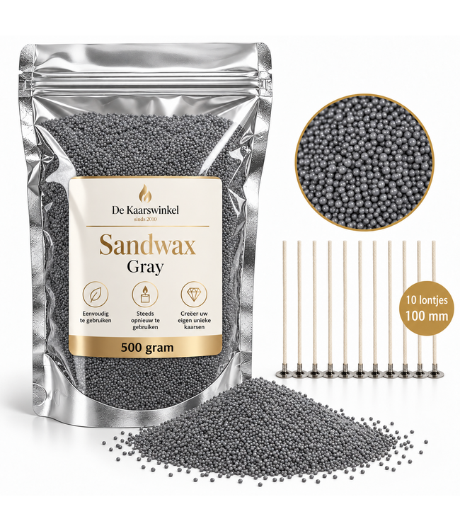 Sandwax Grey 500 gram – Natuurlijk Kaarsenzand voor Zelf Kaarsen Maken inclusief 10 Lontjes van 100 mm
