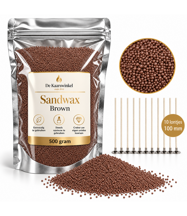 Sandwax Brown 500 gram – Natuurlijk Kaarsenzand voor Zelf Kaarsen Maken inclusief 10 Lontjes van 100 mm
