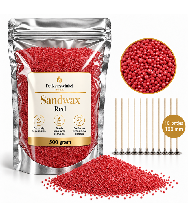 Sandwax Red 500 gram – Natuurlijk Kaarsenzand voor Zelf Kaarsen Maken inclusief 10 Lontjes van 100 mm