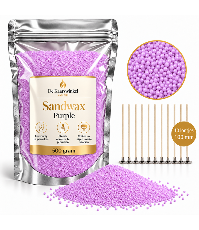 Sandwax Purple 500 gram – Natuurlijk Kaarsenzand voor Zelf Kaarsen Maken inclusief 10 Lontjes van 100 mm