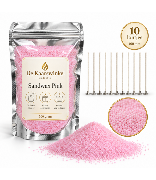 Sandwax Pink 500 gram – Natuurlijk Kaarsenzand voor Zelf Kaarsen Maken inclusief 10 Lontjes van 100 mm