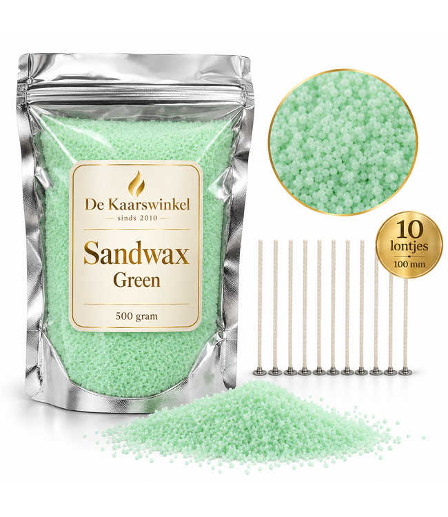 Sandwax Green 500 gram – Natuurlijk Kaarsenzand voor Zelf Kaarsen Maken inclusief 10 Lontjes van 100 mm
