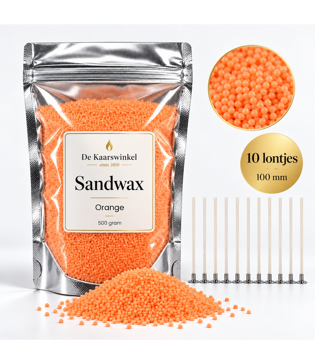 Sandwax Orange 500 gram – Natuurlijk Kaarsenzand voor Zelf Kaarsen Maken inclusief 10 Lontjes van 100 mm