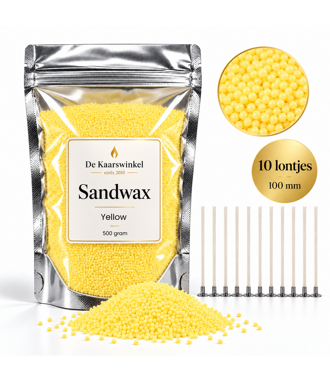 Sandwax Yellow 500 gram – Natuurlijk Kaarsenzand voor Zelf Kaarsen Maken inclusief 10 Lontjes van 100 mm