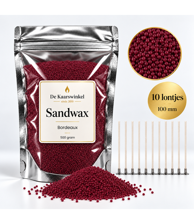 Sandwax Bordeaux 500 gram – Natuurlijk Kaarsenzand voor Zelf Kaarsen Maken inclusief 10 Lontjes van 100 mm